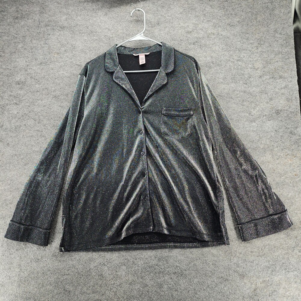 Victoria Secret Pajama Top Womens Large Button Up Long Sleeve Silver